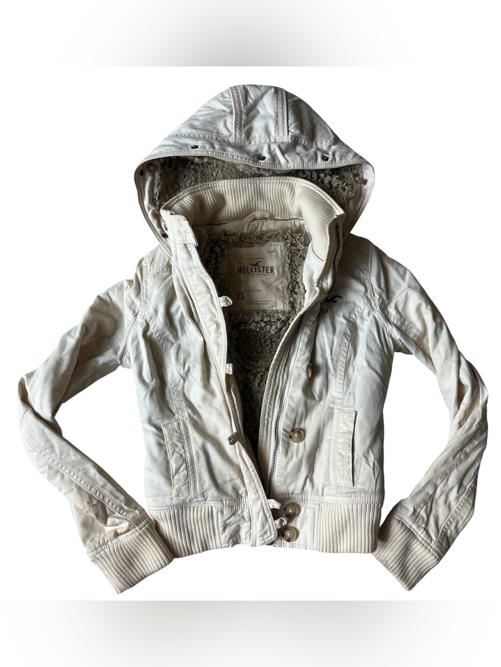 VINTAGE Y2K HOLLISTER FUR LINED BOMBER JACKET HOODED XS WOMENS CREAM